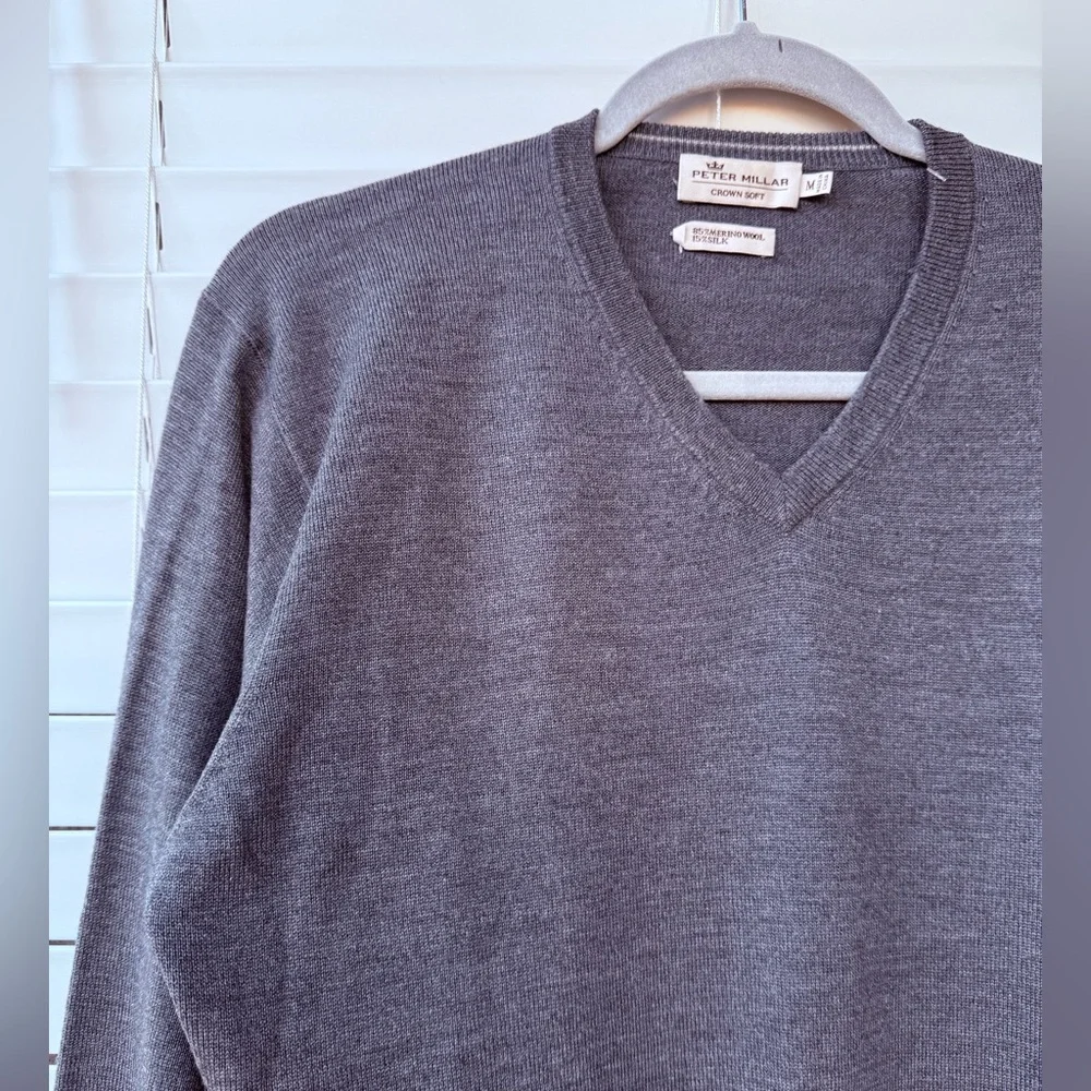 Peter Millar Sweater Mens Charcoal Gray Crown Soft V Neck Merino Wool Silk M - Picture 6 of 11
